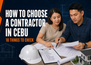 Filipino homeowner and construction professional reviewing plans and a contractor-screening checklist in Cebu.