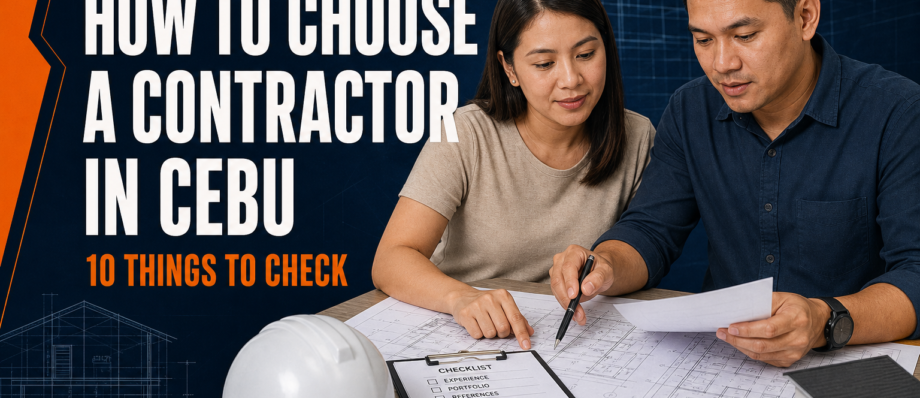 Filipino homeowner and construction professional reviewing plans and a contractor-screening checklist in Cebu.
