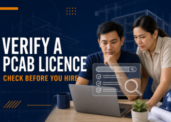 Filipino homeowner checking a contractor’s PCAB licence information online before hiring.