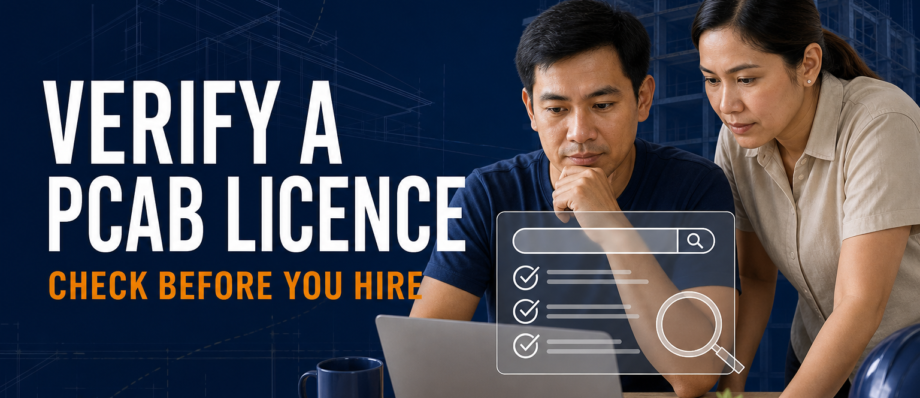 Filipino homeowner checking a contractor’s PCAB licence information online before hiring.